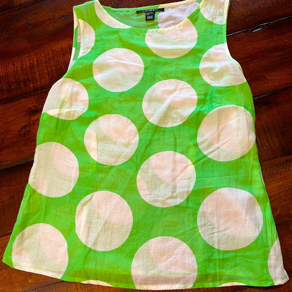 Lime green Louben  sleeveless lightweight top with Big White Dots SZ 4